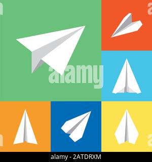 Set of paper plane navigational flat icons signs. Paper origami airplane symbols. Vector icons of a papercraft plane in flat style. EPS8 clean vector Stock Vector