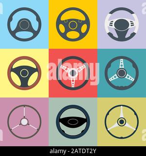 Set of car steering wheel flat icons. Automobile steering wheel icons in flat style. Auto steering wheel flat vector icons. Car steering wheel design Stock Vector