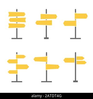 Set of 6 road signs flat icons. Collection of signpost icons in flat style. Blank templates for navigational text. EPS8 clean vector illustration. Stock Vector