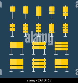 Set of 16 road boards and pointers flat icons. Yellow signpost on pillar collection. Blank template for navigational or guide text. EPS8 clean vector Stock Vector