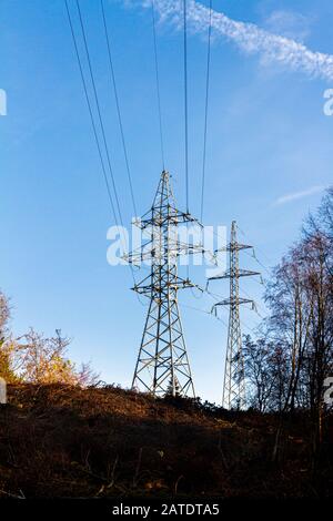 Two electricity pylons surrounded by trees in autumn on a hill. Stock Photo