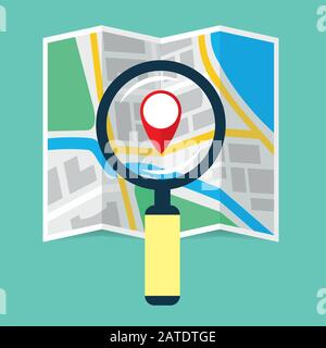 Magnifier over navigational map flat icon. Magnifying glass with handle zooming fragment of a folding paper map focused on gps symbol. Colored vector Stock Vector