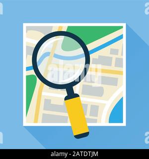 Magnifying glass over navigational map flat icon. Magnifier with handle zooming fragment of a paper map. Colored vector eps10 illustration. Stock Vector