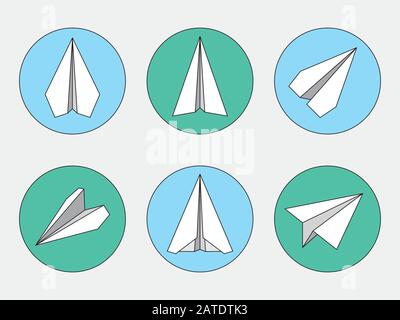 Paper plane navigational thin line icons set. Collection of paper origami airplane symbols. Six vector icons of papercraft planes. EPS8 vector illustr Stock Vector