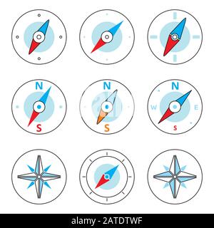 Compass thin line icons set. Vector icons of a navigational compass in outline style. Windrose design elements. Compass pictograms. EPS8 clean vector Stock Vector