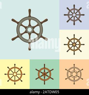 Set of ship helm vector icons flat design. Helm, steering wheel icons in flat style. Steering wheel symbols. Ship helm design elements. EPS8 clean vec Stock Vector
