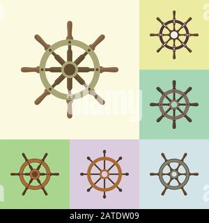 Set of ship helm vector icons flat design. Helm, steering wheel icons in flat style. Steering wheel symbols. Ship helm design elements. EPS8 clean vec Stock Vector