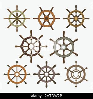 Ship helm vector icons set. Helm steering wheel icons isolated on white. Steering wheel icon symbols. Collection of 8 ship helm vector icons design el Stock Vector