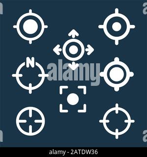 Set of 8 GPS target location symbols. Navigation icons as silhouettes isolated on dark background. Vector EPS8 illustration. Stock Vector