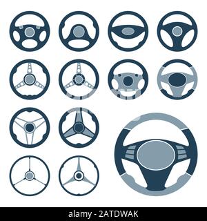 Set of car steering wheel vector icons flat symbols. Automobile steering wheel icons in flat style. Auto steering wheel flat icons. Car steering wheel Stock Vector