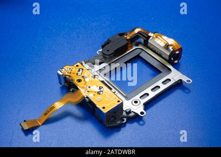 Camera shutter part. Electronic shutter device component of electronic photo camera. Stock Photo