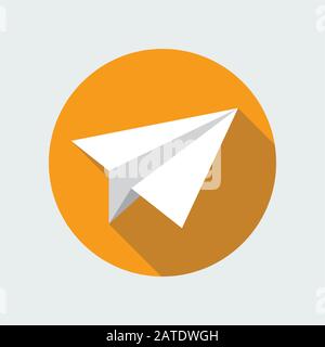 Paper plane navigational flat icon sign. Paper origami airplane symbol. Vector icon of a papercraft plane in flat style with long shadow. EPS10 vector Stock Vector