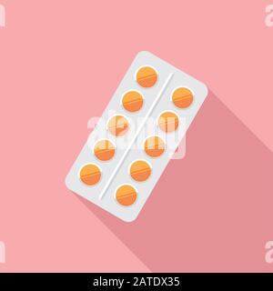Pills in blister flat icon. Pack with medical drugs. Stylized medication symbol. Health care vector illustration. Stock Vector