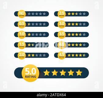 Set of stars rating design elements. Kit of star shapes for ranking interface. Voting symbols from zero to ten points. Vector illustration in flat sty Stock Vector