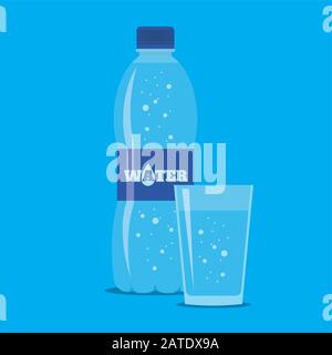 Bottle and glass of fresh sparkling water icon in flat style isolated on blue background. Stylized vector eps10 illustration. Stock Vector