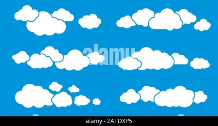 Clouds set. Cloud isolated on blue sky background. Cloud symbols. Cloud groups. Clouds flat icons. Collection of cloud pictograms. Vector icons of clo Stock Vector