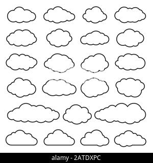 Cloud collection of twenty three flat line icons. Set of cloudlet outline symbols. Black contour clouds isolated on white background. Vector illustrat Stock Vector