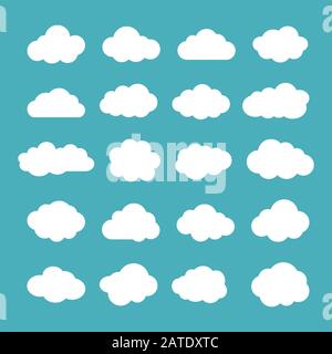 Clouds. Cloud shapes flat icons set. Cloud symbols. Clouds isolated on blue background. Collection of cloud pictograms. Vector icons of clouds flat st Stock Vector