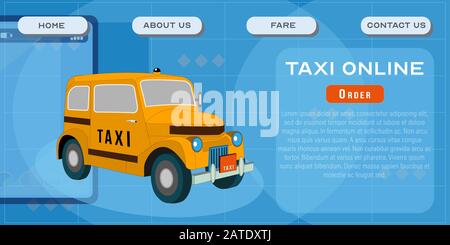 Taxi online company site template. Passenger taxi service header poster design. Vector illustration of municipal or private city transportation Stock Vector