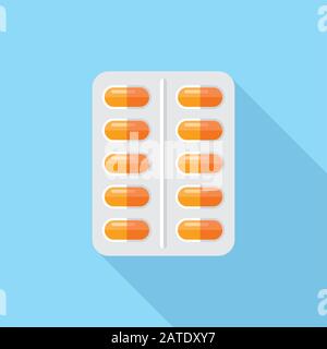 Pills in blister flat icon. Pack with medical drugs. Stylized medication symbol. Health care vector illustration. Stock Vector
