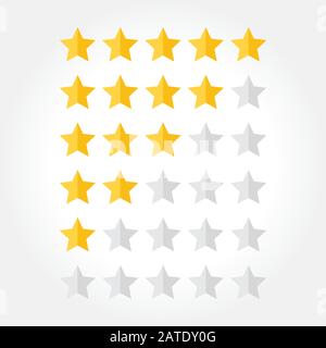 Set of stars rating design elements. Kit of star shapes for ranking interface. Voting symbols from zero to five points. Vector illustration in flat st Stock Vector
