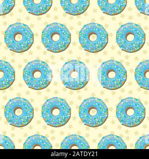 Donut seamless pattern. Sweet sugar icing donuts in the blue glaze on light creamy background. Food bakery decoration. Vector eps8 illustration. Stock Vector
