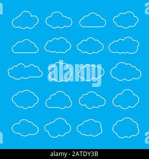 Clouds. Cloud shapes thin line icons set. Cloud symbols. Clouds outlines isolated on blue background. Collection of cloud pictograms. Vector icons of Stock Vector