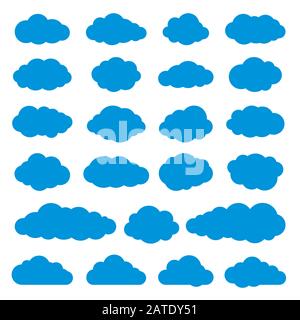 Cloud collection of twenty three flat icons. Set of cloudlet silhouette symbols. Sky blue clouds isolated on white background. Vector illustration in Stock Vector