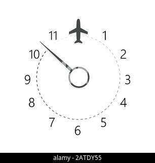 Clock with airplane icon, designation of time before departure, check-in for flight and arrival time symbol. Vector isolated illustration for airport Stock Vector