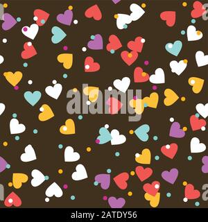 Donut glaze seamless pattern. Cream texture with sprinkle topping of colorful hearts and beads on chocolate background. Food bakery decoration. Vector Stock Vector