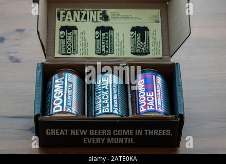 A monthly pack of three craft beers by Brewdog, delivered to the subscribers of their beer club Fanzine