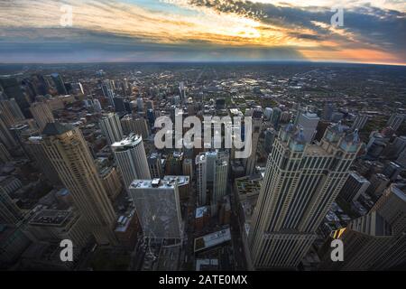 Chicago skyline panorama aerial view with skyscrapers and cloudy sky at sunset. Cityscape Chicago Stock Photo