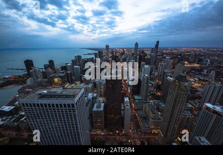 Chicago skyline panorama aerial view with skyscrapers and cloudy sky at sunset. Cityscape Chicago Stock Photo