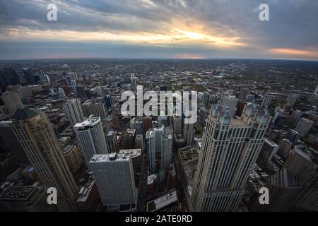 Chicago skyline panorama aerial view with skyscrapers and cloudy sky at sunset. Cityscape Chicago Stock Photo