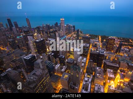 Chicago skyline aerial view at dusk, United States. Night Chicago aerial vew Stock Photo