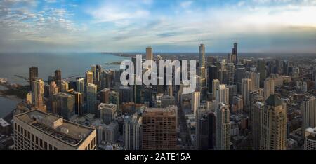 Chicago skyline panorama aerial view with skyscrapers and cloudy sky at sunset. Cityscape Chicago Stock Photo