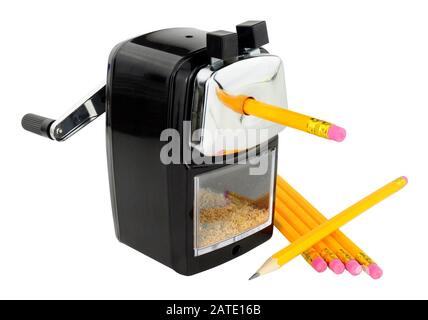 Heavy duty desk top pencil sharpener with pencils isolated on a white background Stock Photo