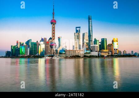 Iconic view of Shanghai’s Pudong skyline taken from the Bund. Stock Photo