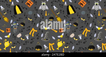 Seamless pattern. Magical items. Mantle of invisibility, talking hat and magic wand. Cauldron for magic potion, a broom for flights. Witchcraft and Stock Vector