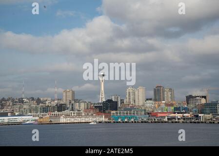 Seattle skyline from Bainbridge island ferry with water Stock Photo