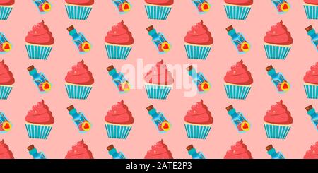 Children s seamless pattern for girls. Alice in wonderland cakes and cupcakes. Magic potion. Pink background.. Stock Vector