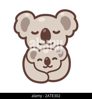 Cute cartoon koala mom hugging baby cub, sweet koalas family drawing. Simple vector clip art illustration, kawaii mascot or logo. Stock Vector