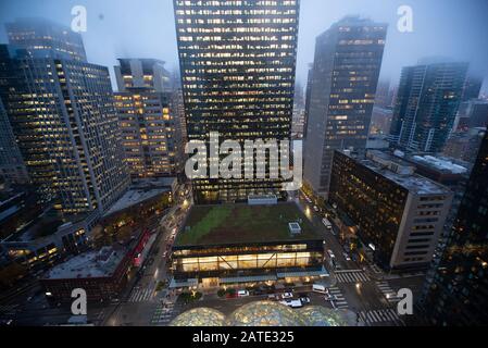 Aerial View of Seattle Downtown at Night from rooftop Stock Photo