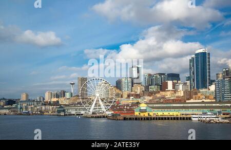 Seattle skyline from Bainbridge island ferry with water Stock Photo