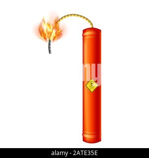 Bomb Icon on White Background. Detonate Dynamite Concept. TNT Red Stick. Explode Flash, Burn Explosion. Stock Photo