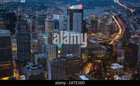 View of skyscrapers in downtown at night, in Seattle, Washington. Rooftop panorama of night Seattle Stock Photo