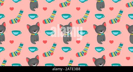 Seamless pattern for girls. Alice in Wonderland. Through the looking glass. Book characters. Cheshire Cat. Tea party Pink color.. Stock Vector