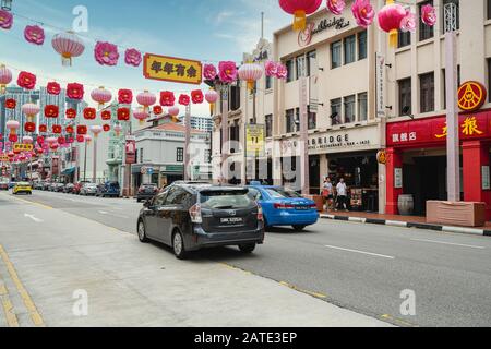 Singapore. January 2020. the decorations for the Chinese New Year on the streets in Chinatown Stock Photo