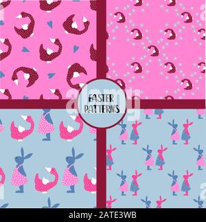 EASTER SEAMLESS PATTERNS. set of abstract vector paper with decorative flowers, shapes and symbols of easter day. Stock Vector