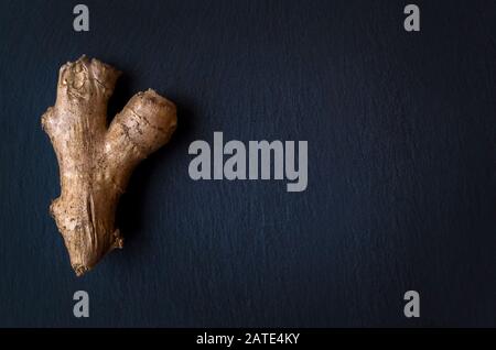 Ginger root on a dark blue background. Copy space Stock Photo